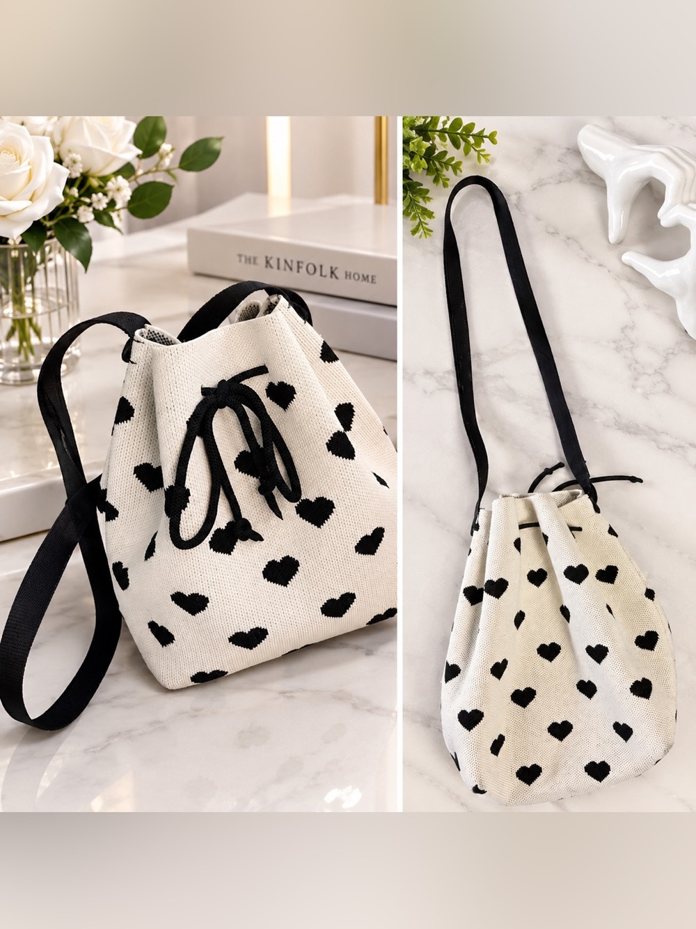 Knit Heart Pattern Drawstring Bucket Crossbody Bag 🖤✨